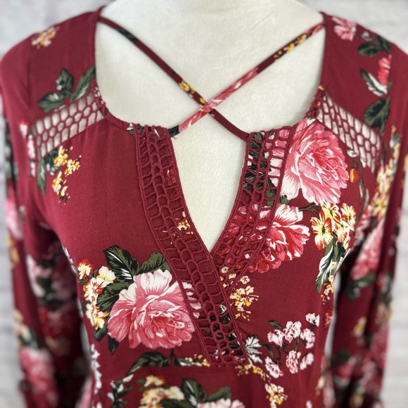 Umgee USA Burgundy Floral Boho Mini Dress – Size Small NWT - Picture 2 of 13